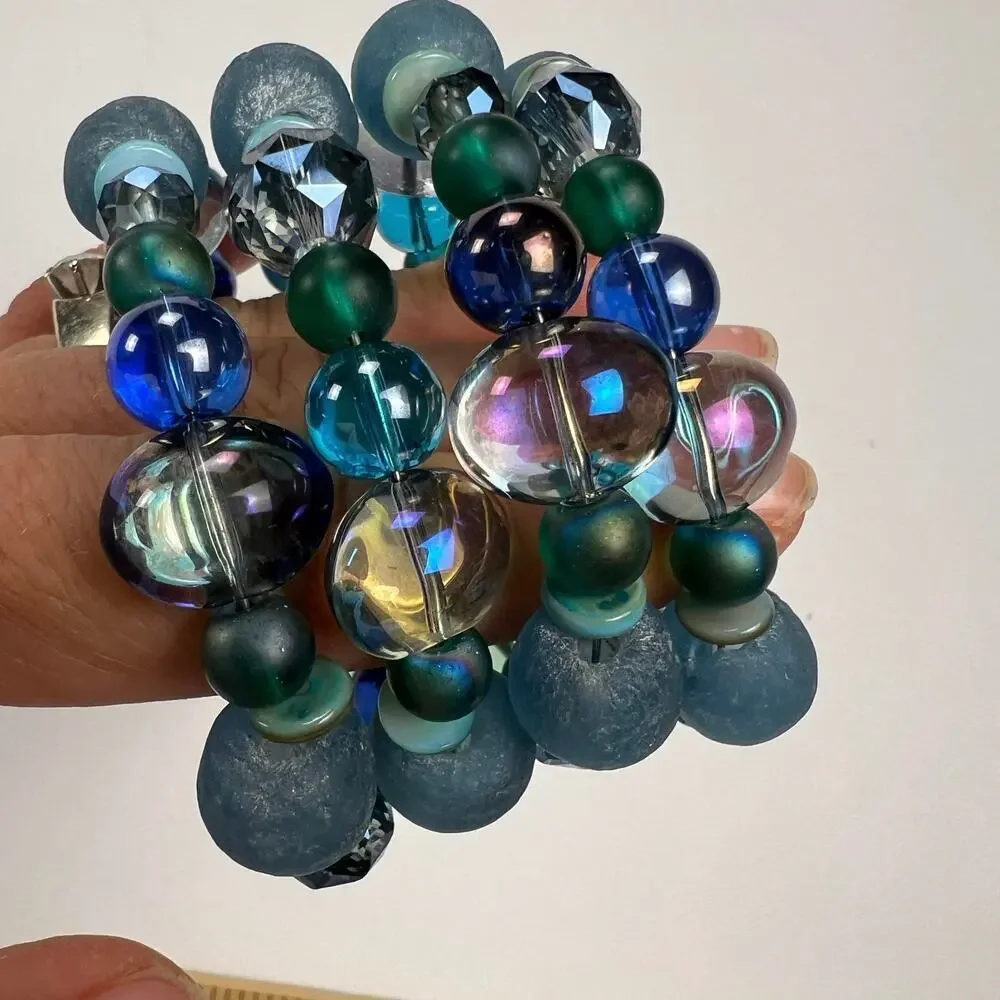 Handmade Beaded Coil Bracelet Sea Glass Blue Green Glass Beads Tree Charms